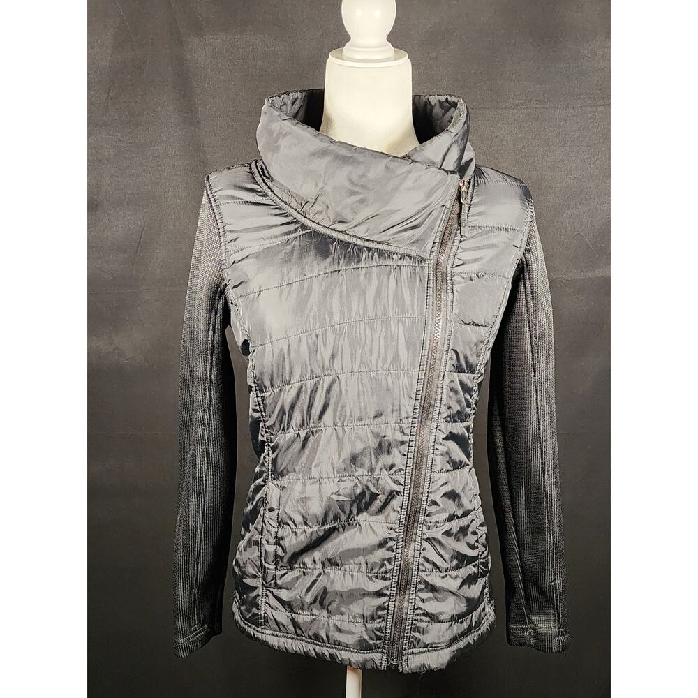 Nylon and knit hybrid puffer jacket, asymmetrical zip moto style, Black, Size M